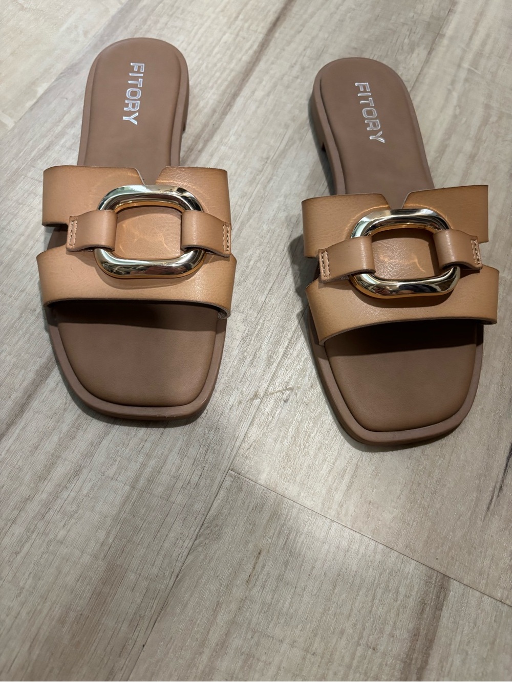 Amazon Tan Slide Sandals with Gold Accent Buckle